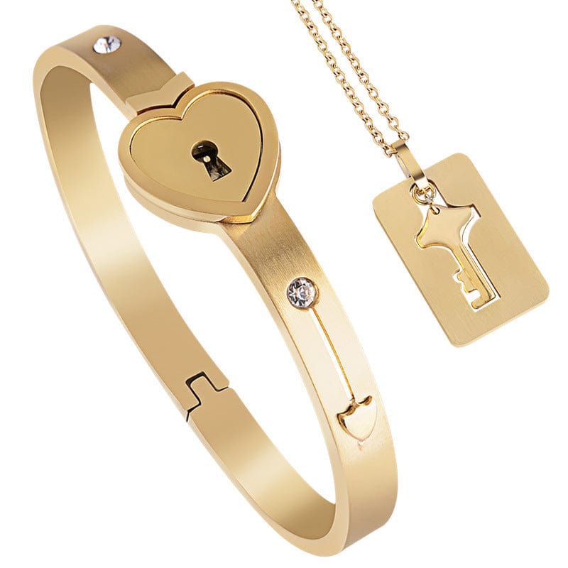 Fashion Silver Plated Heart Locks Couple Concentric Lock Key Jewelry Wholesale Stainless Steel Keychain Bangle Bracelet