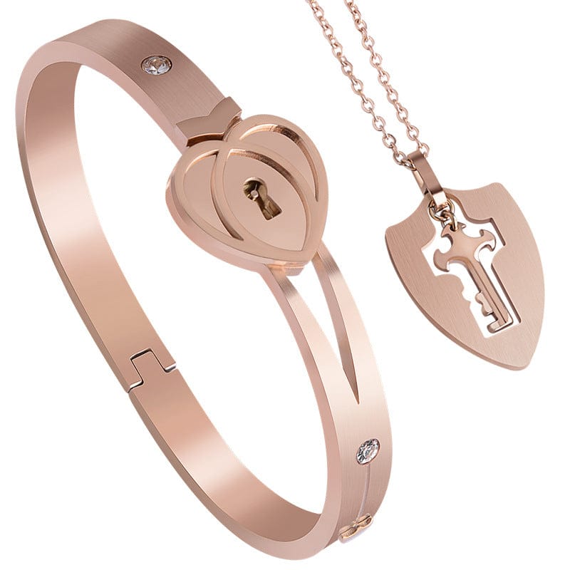 Fashion Silver Plated Heart Locks Couple Concentric Lock Key Jewelry Wholesale Stainless Steel Keychain Bangle Bracelet