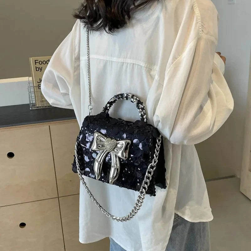 Fashion Silver Rhinestone Bow Handbags Women New Elegant Boutique Glittering Sequin Crossbody Bags Ladies Purse High Quality