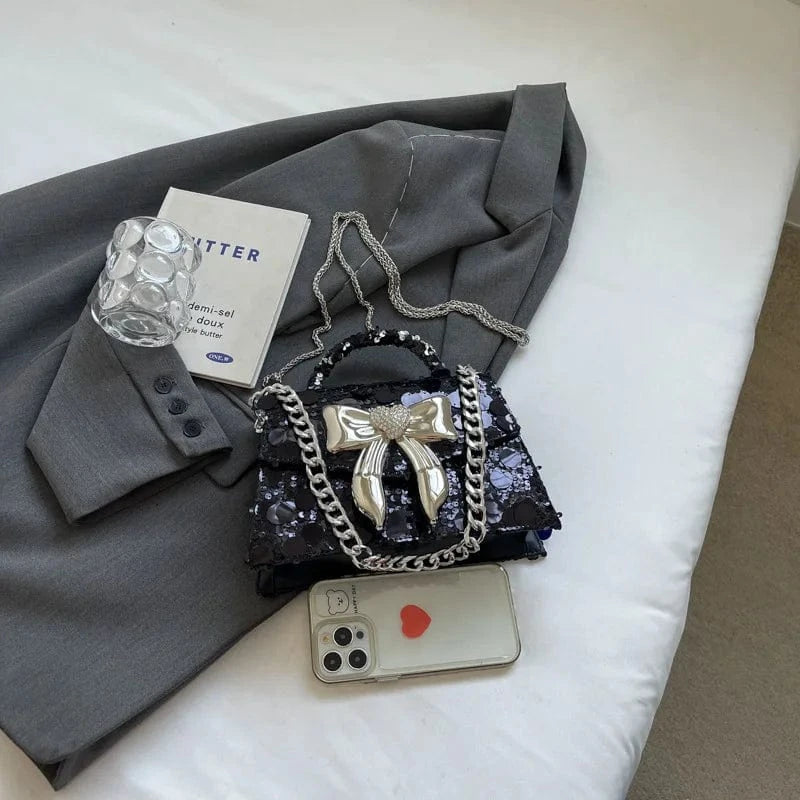 Fashion Silver Rhinestone Bow Handbags Women New Elegant Boutique Glittering Sequin Crossbody Bags Ladies Purse High Quality