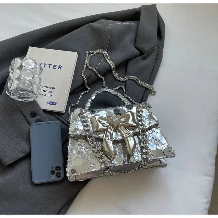Fashion Silver Rhinestone Bow Handbags Women New Elegant Boutique Glittering Sequin Crossbody Bags Ladies Purse High Quality
