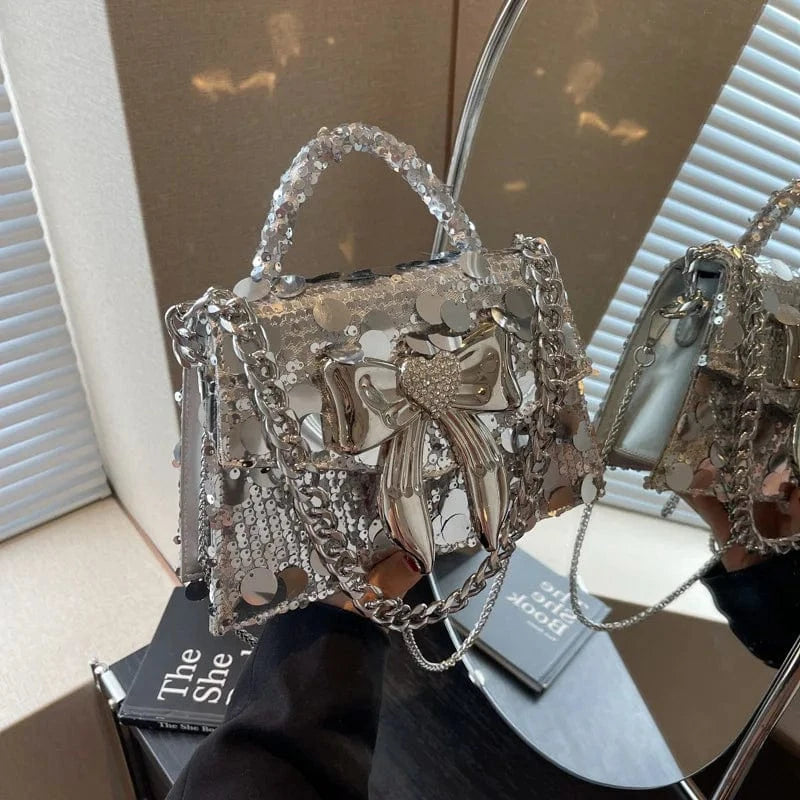 Fashion Silver Rhinestone Bow Handbags Women New Elegant Boutique Glittering Sequin Crossbody Bags Ladies Purse High Quality