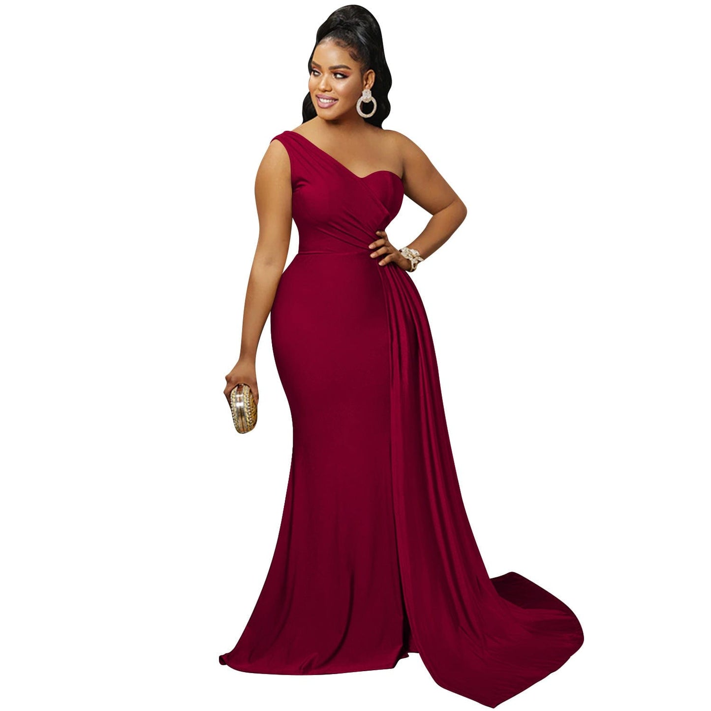 Fashion Solid Bridesmaid Dresses One Shoulder Sleeve Ladies Elegant Wedding Party Skinny Long Prom Evening Dress Women