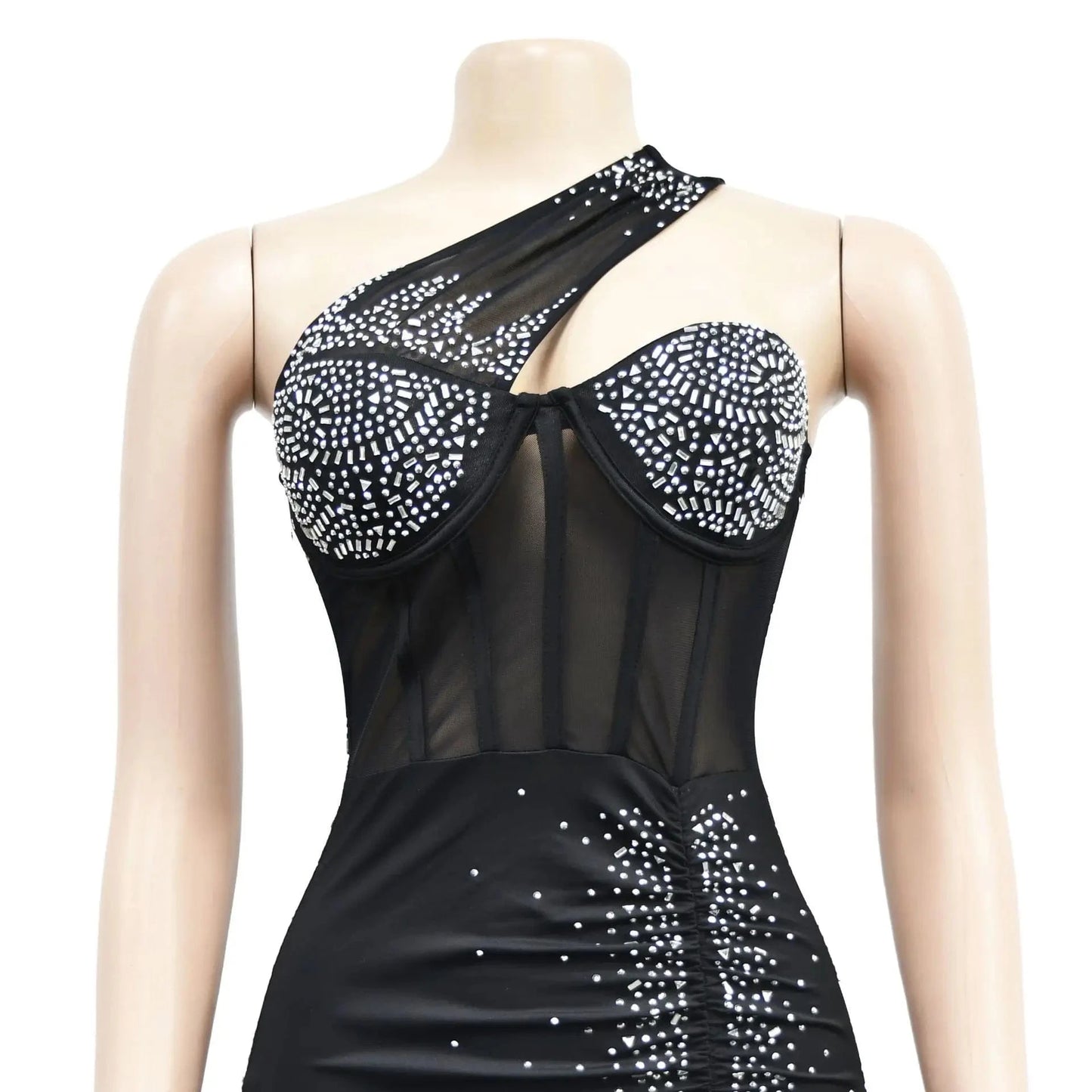 Fashion Solid Color Beaded Rhinestone mesh party bodycon mini dress sexy club wear for women 2023
