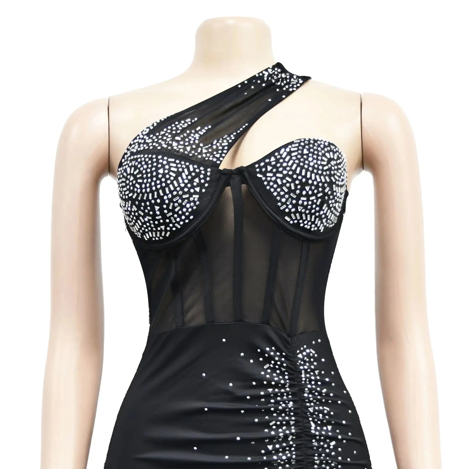 Fashion Solid Color Beaded Rhinestone mesh party bodycon mini dress sexy club wear for women 2023