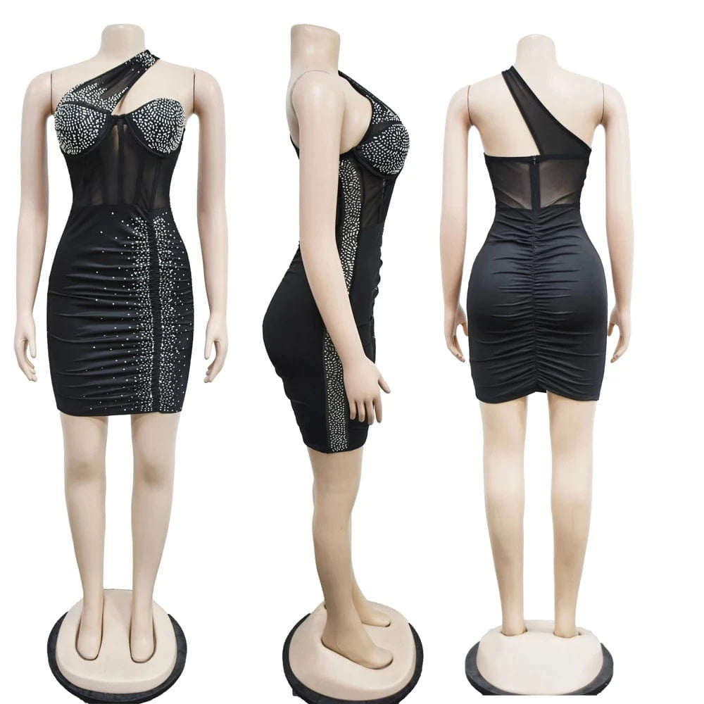 Fashion Solid Color Beaded Rhinestone mesh party bodycon mini dress sexy club wear for women 2023