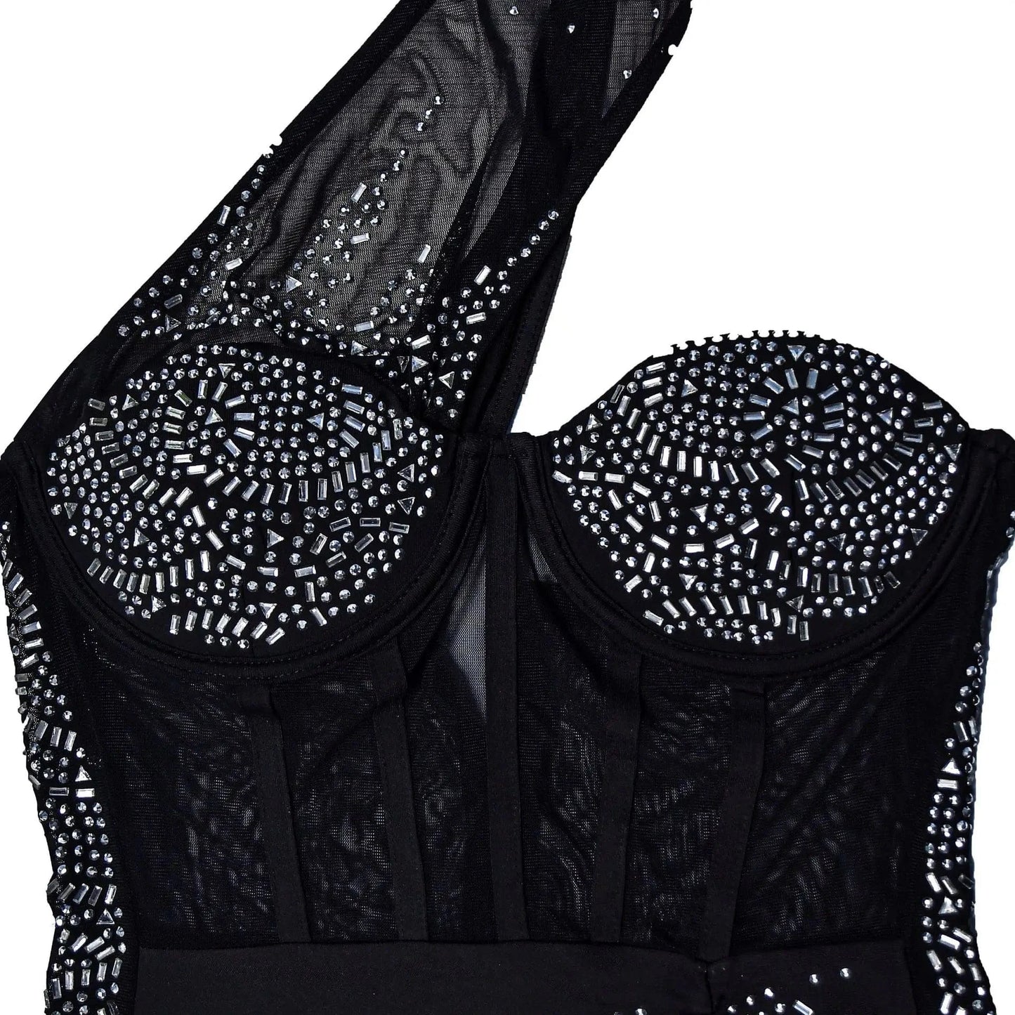 Fashion Solid Color Beaded Rhinestone mesh party bodycon mini dress sexy club wear for women 2023