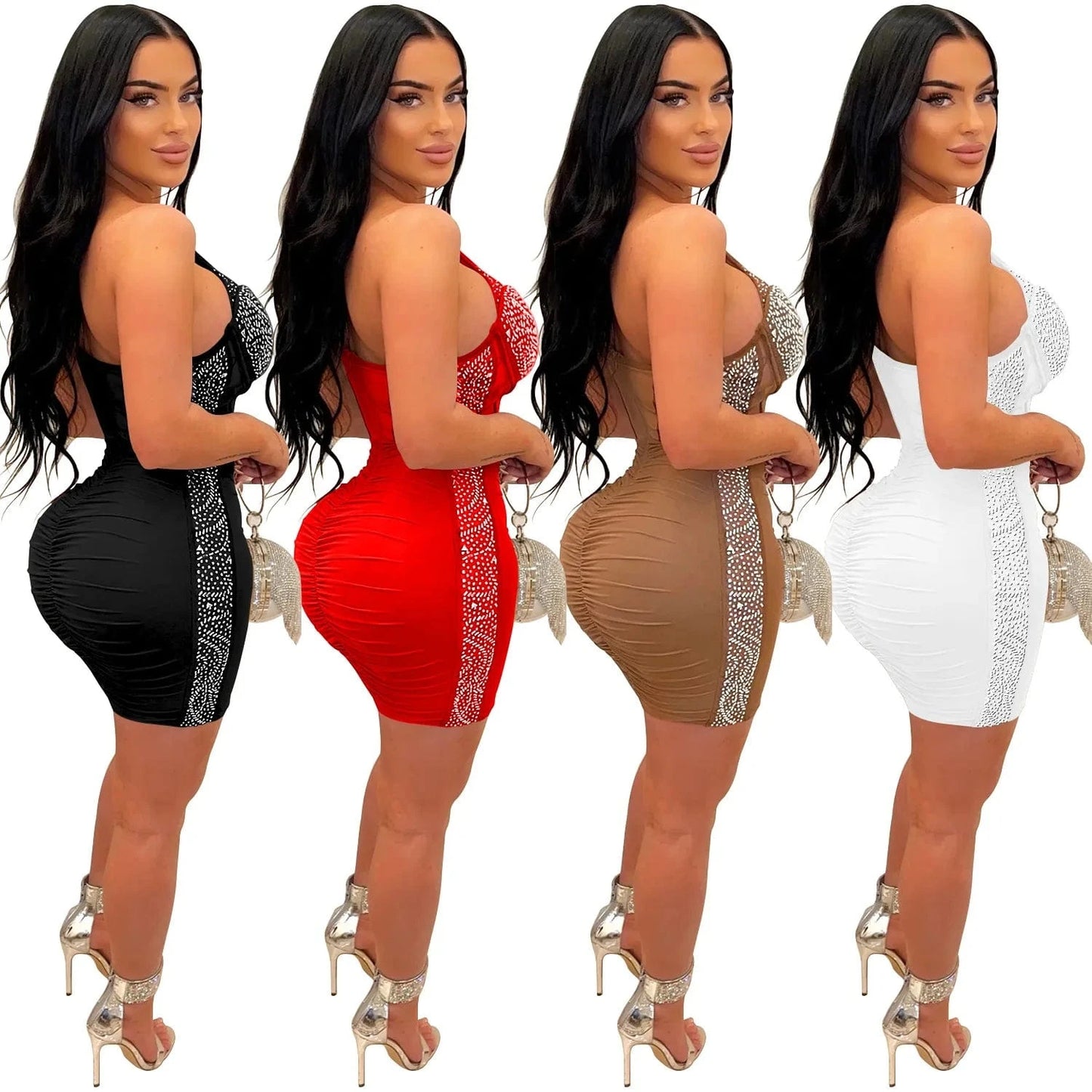 Fashion Solid Color Beaded Rhinestone mesh party bodycon mini dress sexy club wear for women 2023