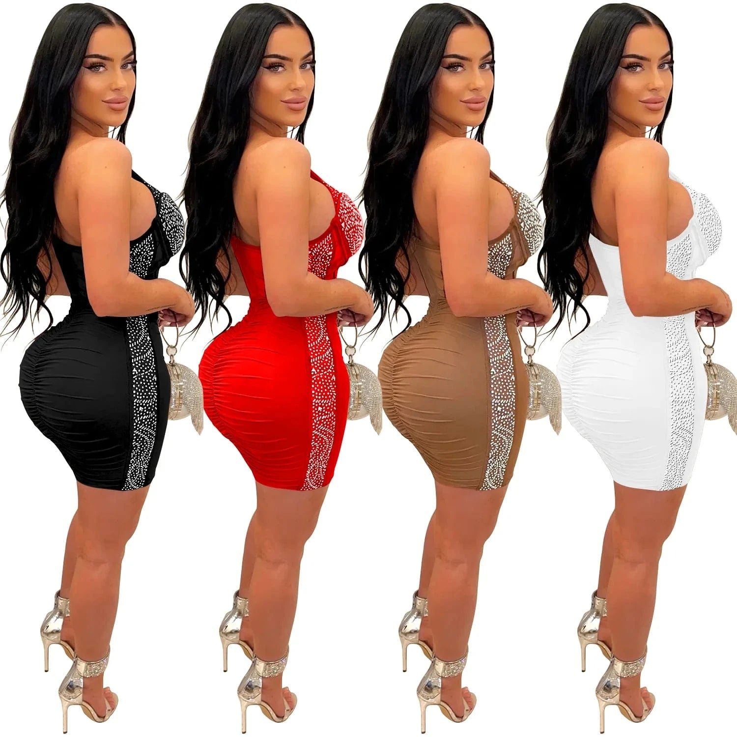 Fashion Solid Color Beaded Rhinestone mesh party bodycon mini dress sexy club wear for women 2023