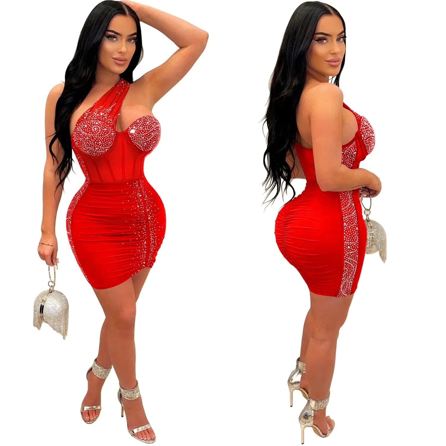 Fashion Solid Color Beaded Rhinestone mesh party bodycon mini dress sexy club wear for women 2023