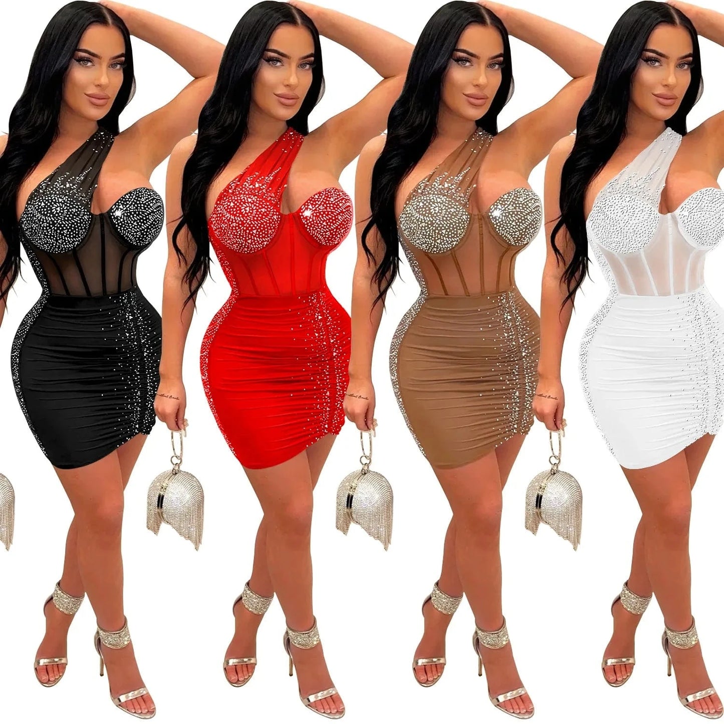 Fashion Solid Color Beaded Rhinestone mesh party bodycon mini dress sexy club wear for women 2023