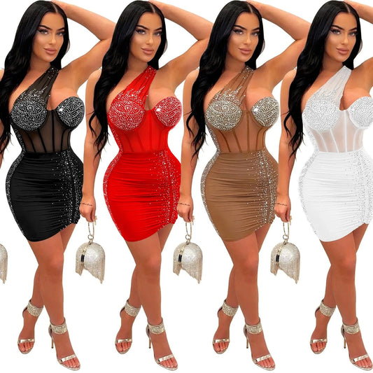 Fashion Solid Color Beaded Rhinestone mesh party bodycon mini dress sexy club wear for women 2023