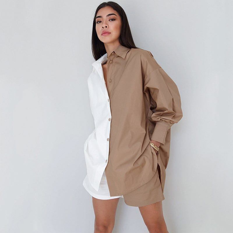 Fashion Spring Autumn Oversized Shirts + Shorts Set Women Spell Color Casual Loose Tracksuit Woman Cotton Linen Two Piece Sets