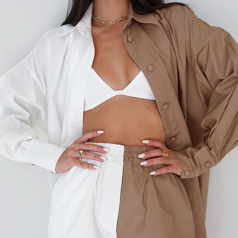 Fashion Spring Autumn Oversized Shirts + Shorts Set Women Spell Color Casual Loose Tracksuit Woman Cotton Linen Two Piece Sets