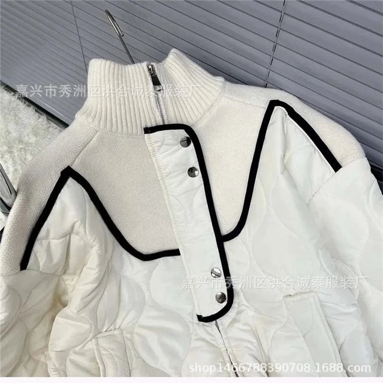 Fashion Stand Collar Zipper Patchwork Knitted Sweater Women Quilted Spliced Cotton Padded Coat