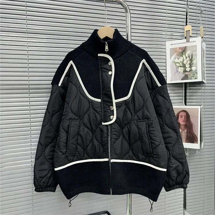 Fashion Stand Collar Zipper Patchwork Knitted Sweater Women Quilted Spliced Cotton Padded Coat