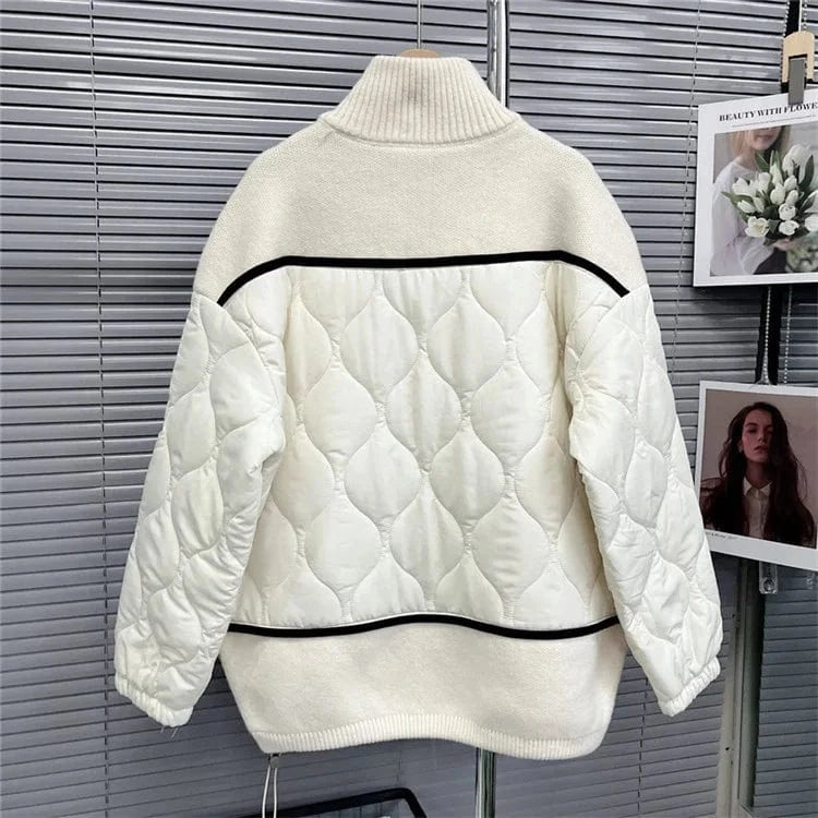 Fashion Stand Collar Zipper Patchwork Knitted Sweater Women Quilted Spliced Cotton Padded Coat