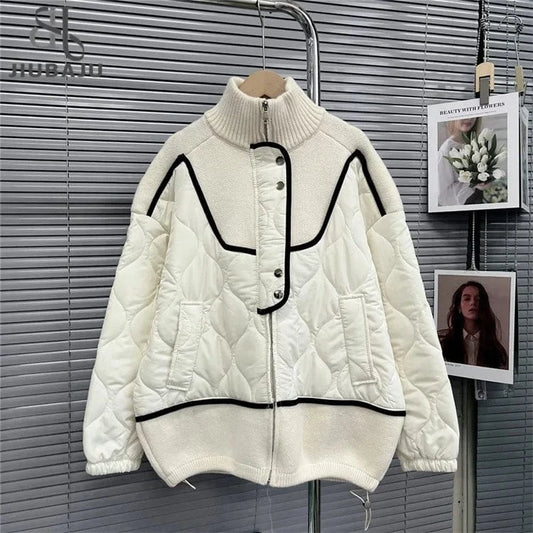 Fashion Stand Collar Zipper Patchwork Knitted Sweater Women Quilted Spliced Cotton Padded Coat