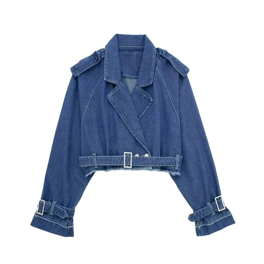 Fashion Streetwear Long Sleeve Crop Top Woman Trench Coat Ladies Blue Jean Denim Jacket