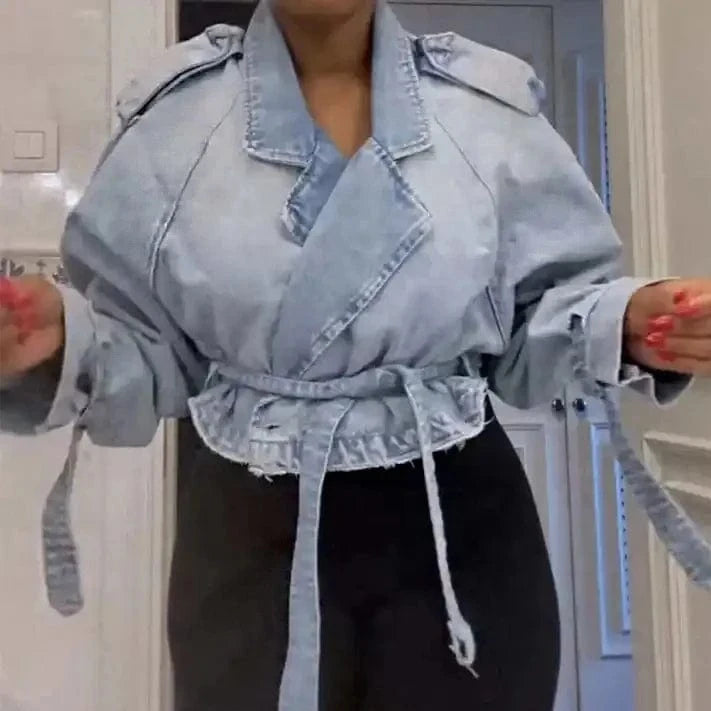 Fashion Streetwear Long Sleeve Crop Top Woman Trench Coat Ladies Blue Jean Denim Jacket
