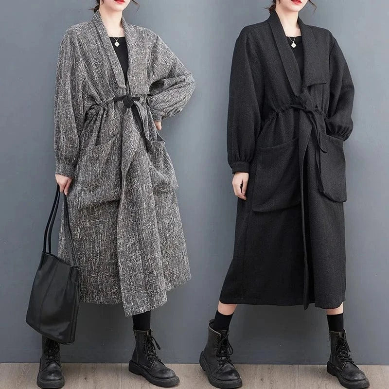 Fashion streetwear vintage ladies elegant windbreaker jacket drawstring loose long women's trench coats