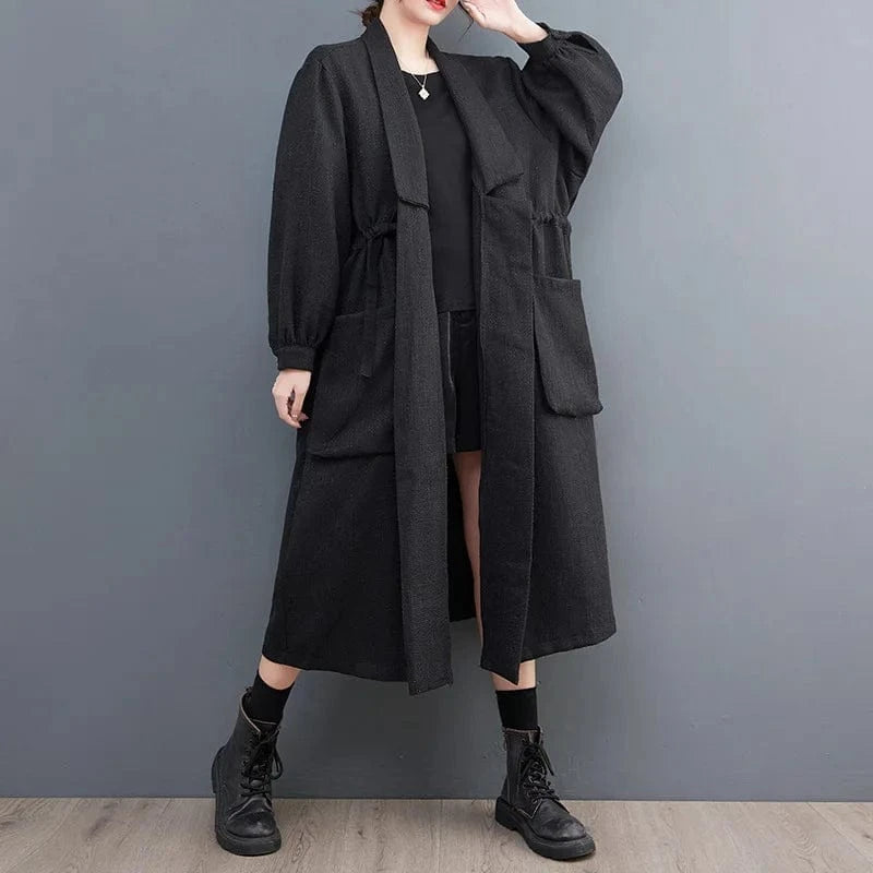 Fashion streetwear vintage ladies elegant windbreaker jacket drawstring loose long women's trench coats