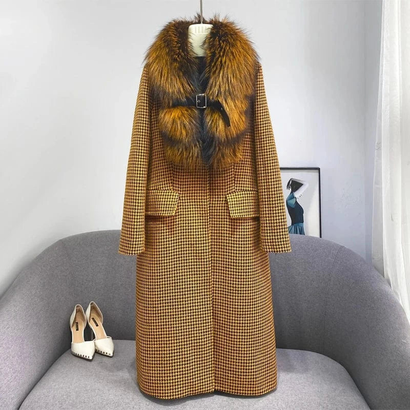 Fashion Style Winter Warm Long Women Wool Fur Cashmere Coat with Real Fox Fur Collar