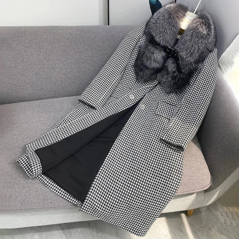 Fashion Style Winter Warm Long Women Wool Fur Cashmere Coat with Real Fox Fur Collar