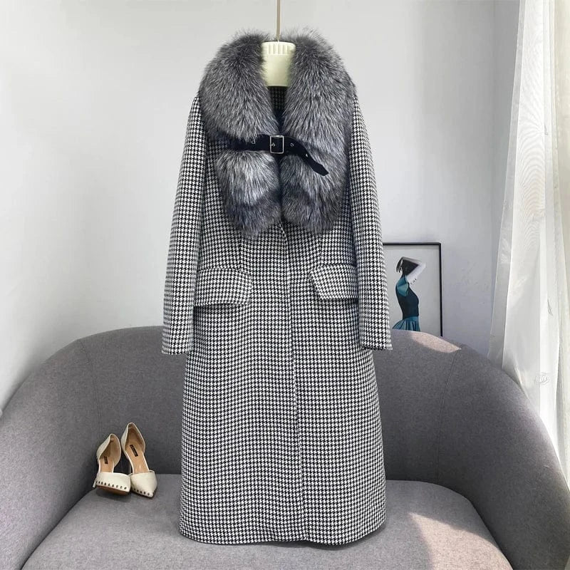 Fashion Style Winter Warm Long Women Wool Fur Cashmere Coat with Real Fox Fur Collar