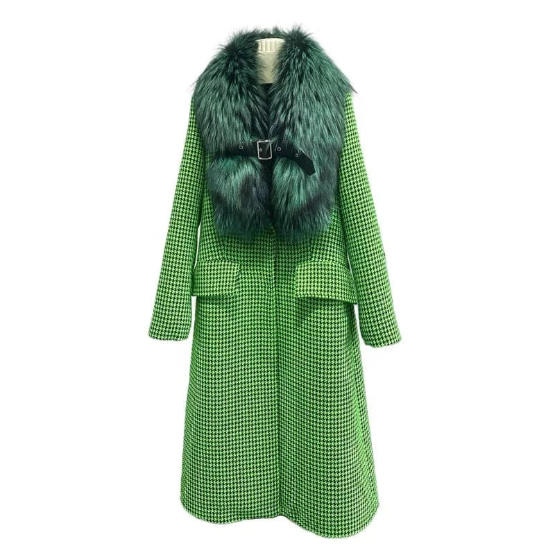 Fashion Style Winter Warm Long Women Wool Fur Cashmere Coat with Real Fox Fur Collar