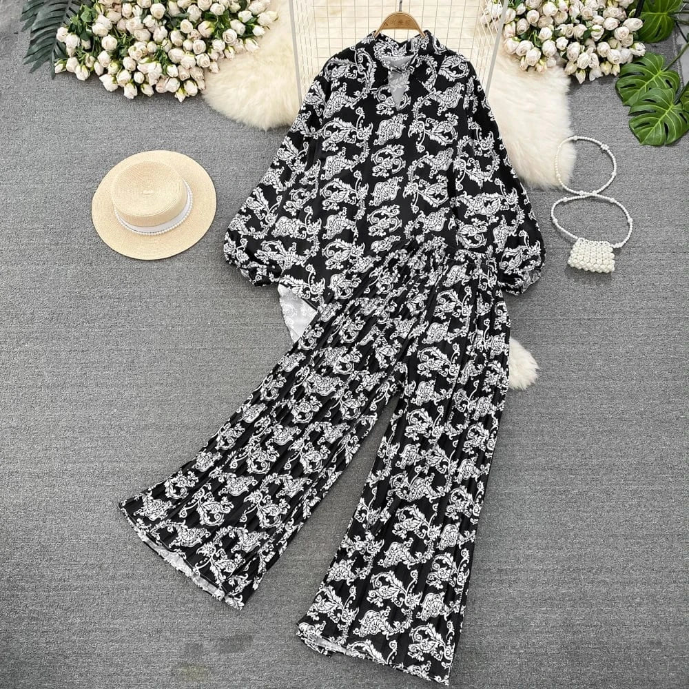 Fashion Suit Retro Loose Irregular Single-Breasted Printed Shirt High-Waisted Wide-Leg Pants Two Piece Set