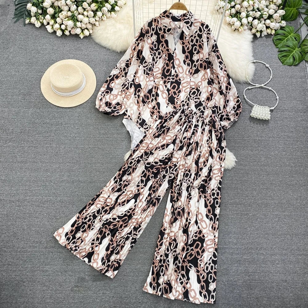 Fashion Suit Retro Loose Irregular Single-Breasted Printed Shirt High-Waisted Wide-Leg Pants Two Piece Set