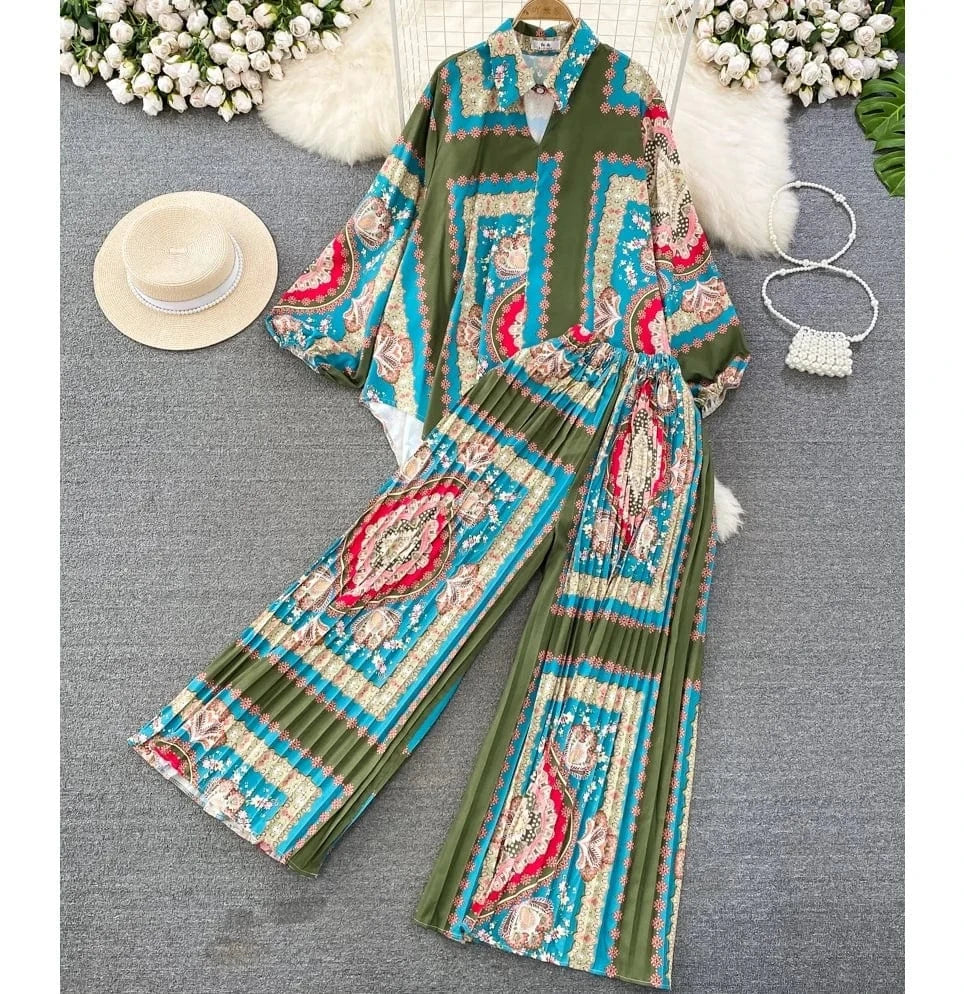 Fashion Suit Retro Loose Irregular Single-Breasted Printed Shirt High-Waisted Wide-Leg Pants Two Piece Set