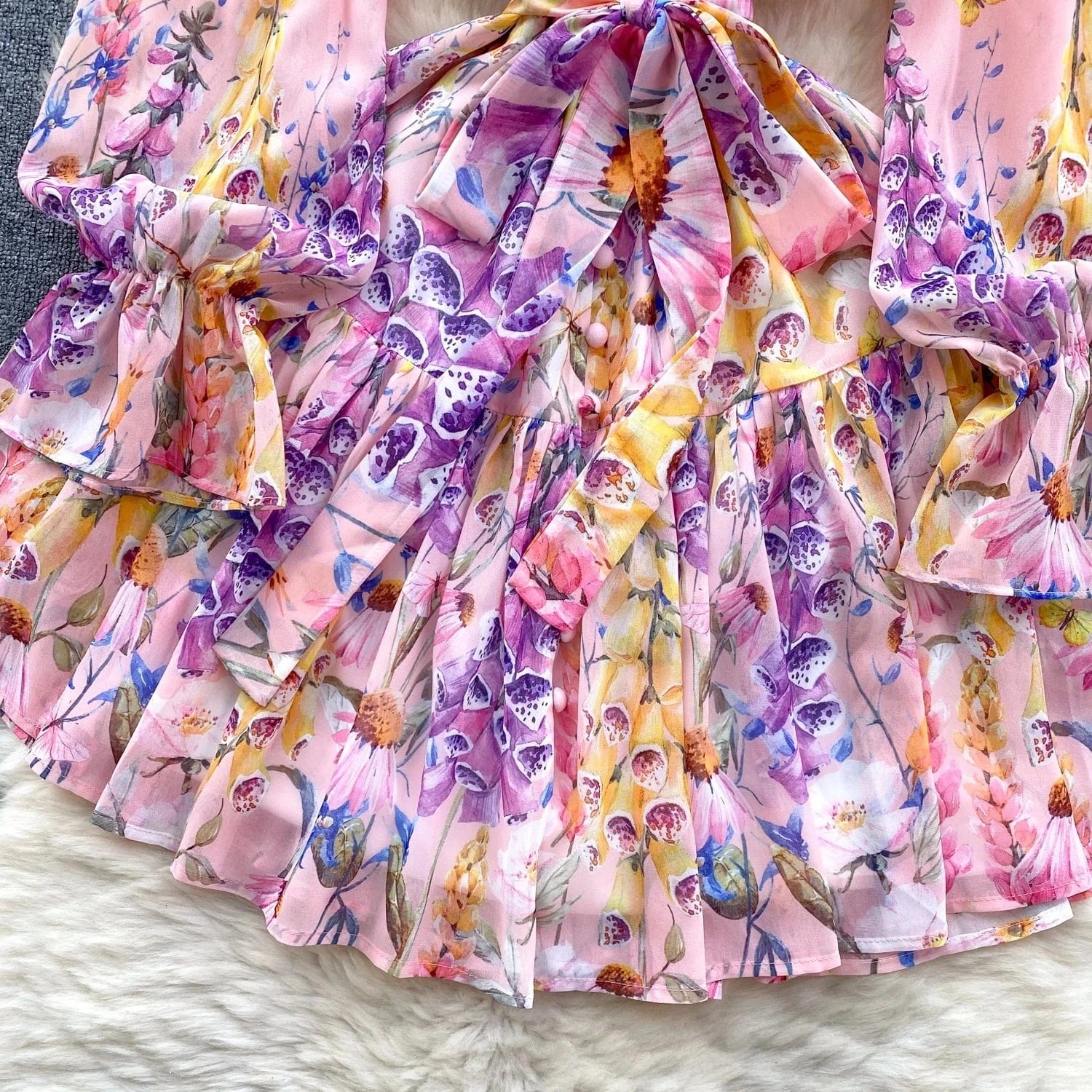 Fashion Summer Print V-neck Ruffled Dress Lantern Sleeve Dress