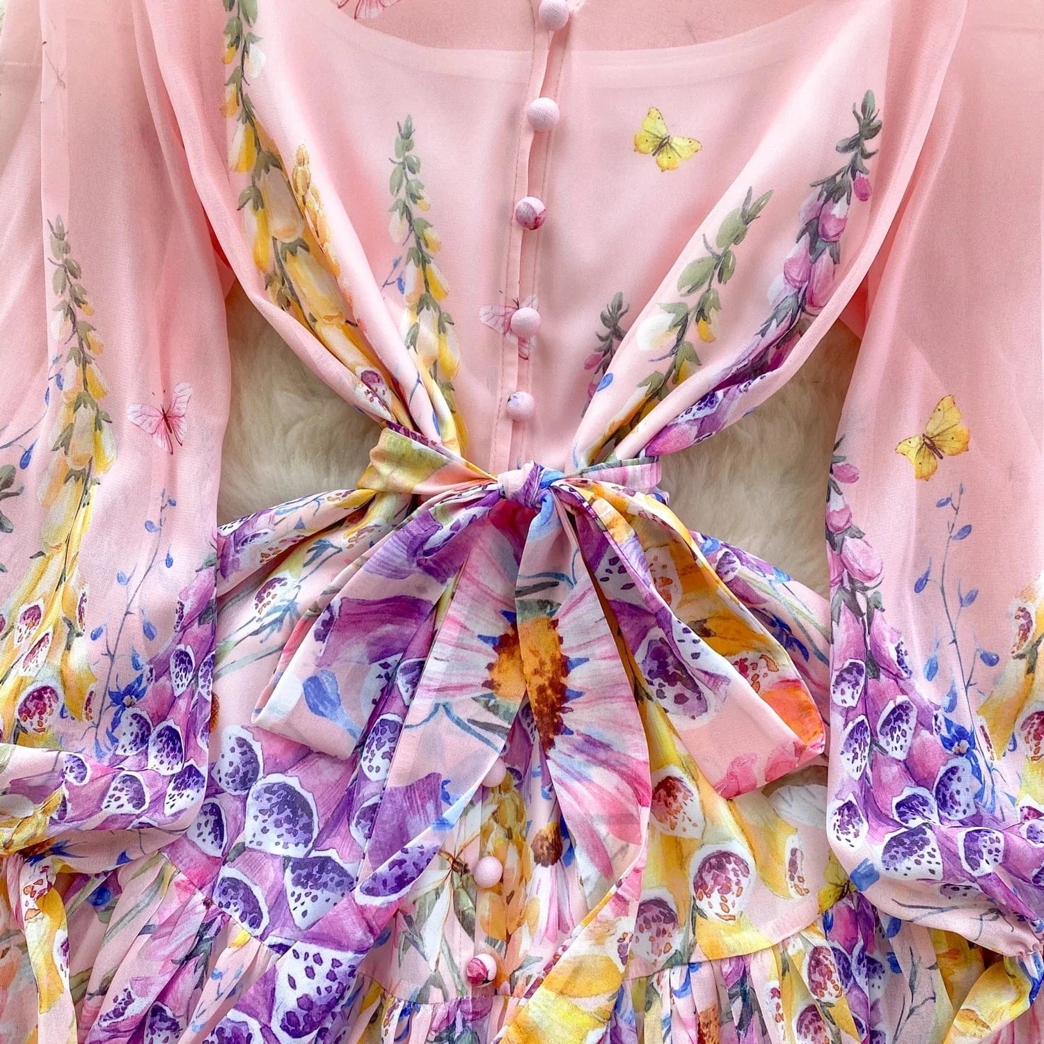 Fashion Summer Print V-neck Ruffled Dress Lantern Sleeve Dress