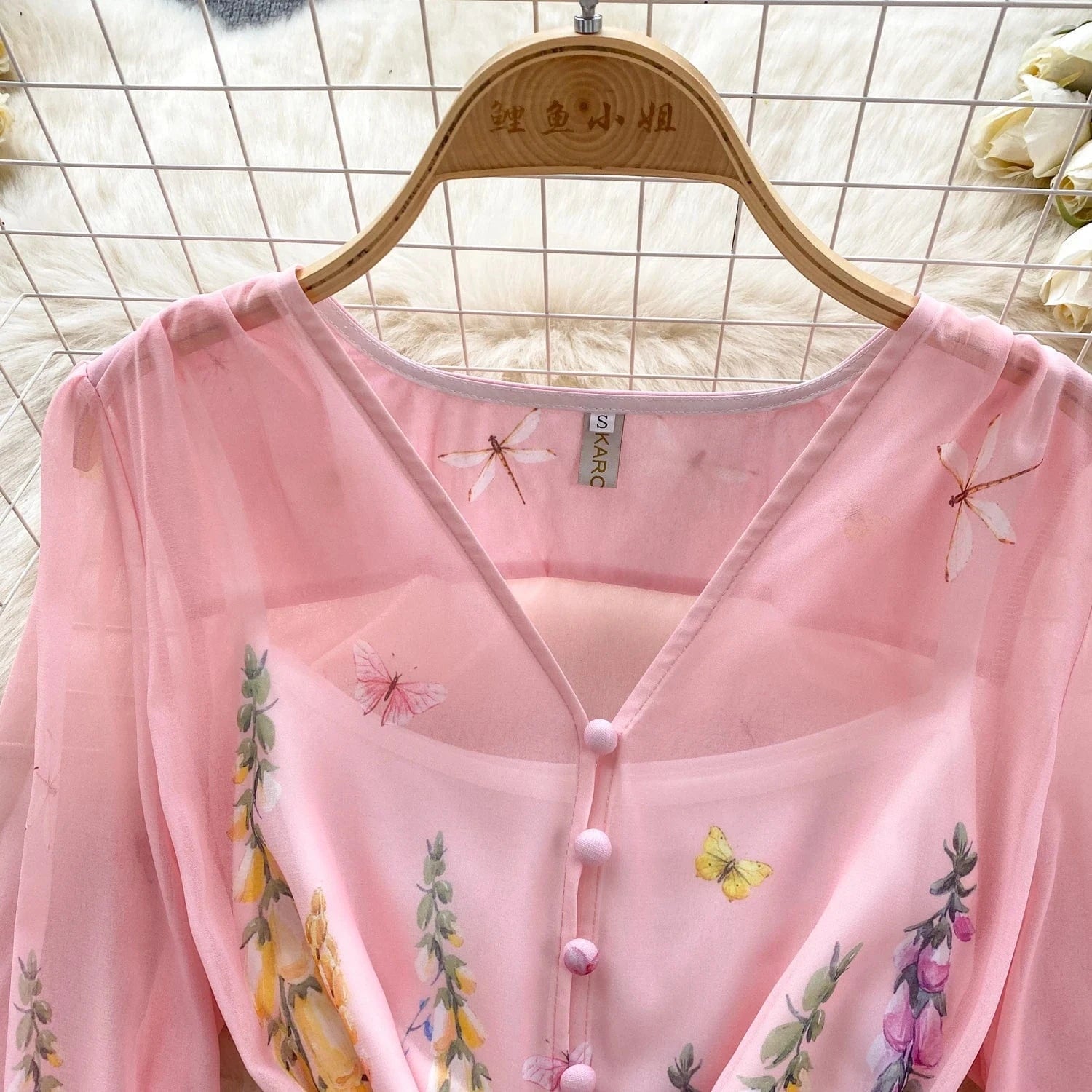 Fashion Summer Print V-neck Ruffled Dress Lantern Sleeve Dress