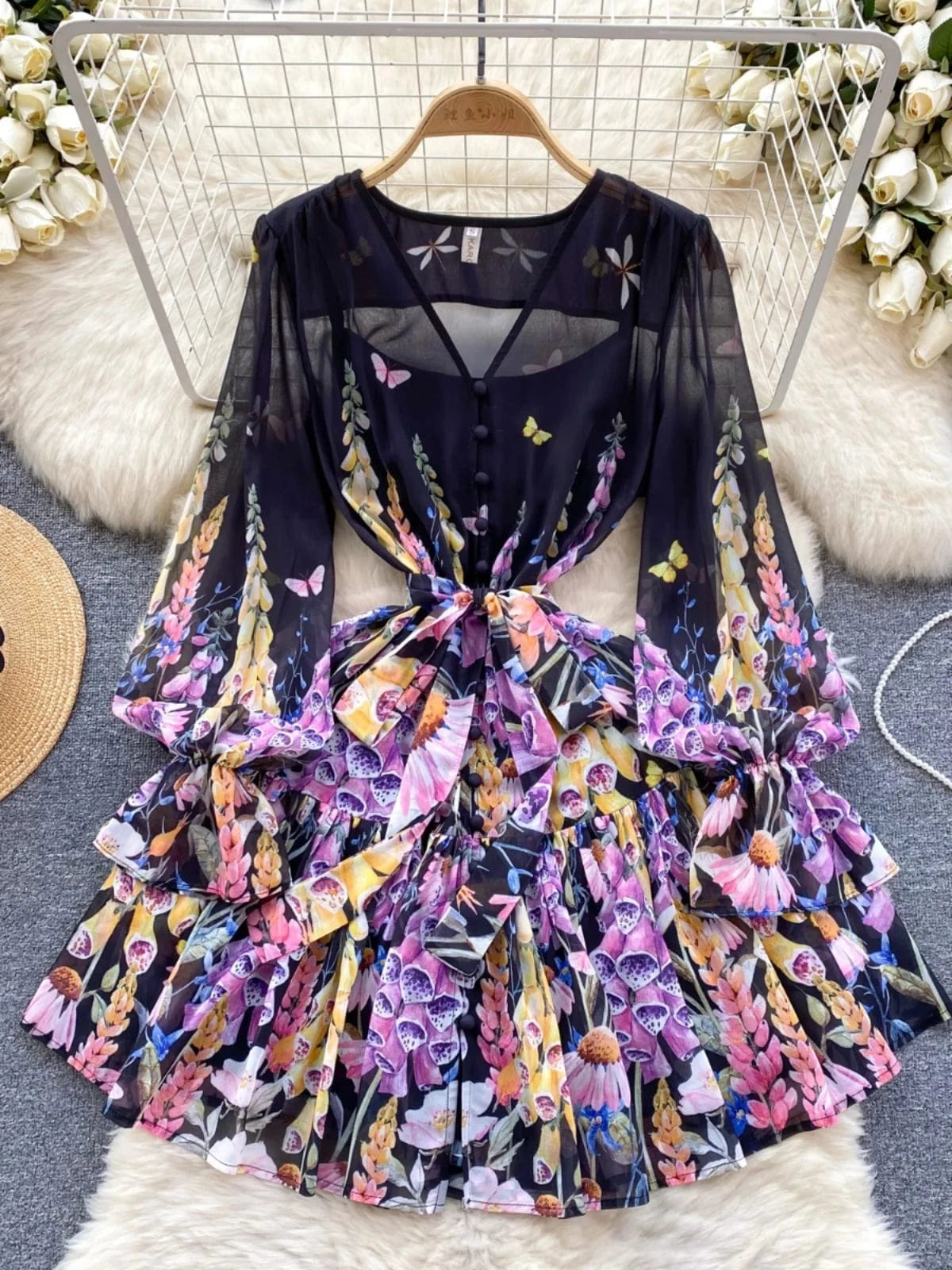 Fashion Summer Print V-neck Ruffled Dress Lantern Sleeve Dress