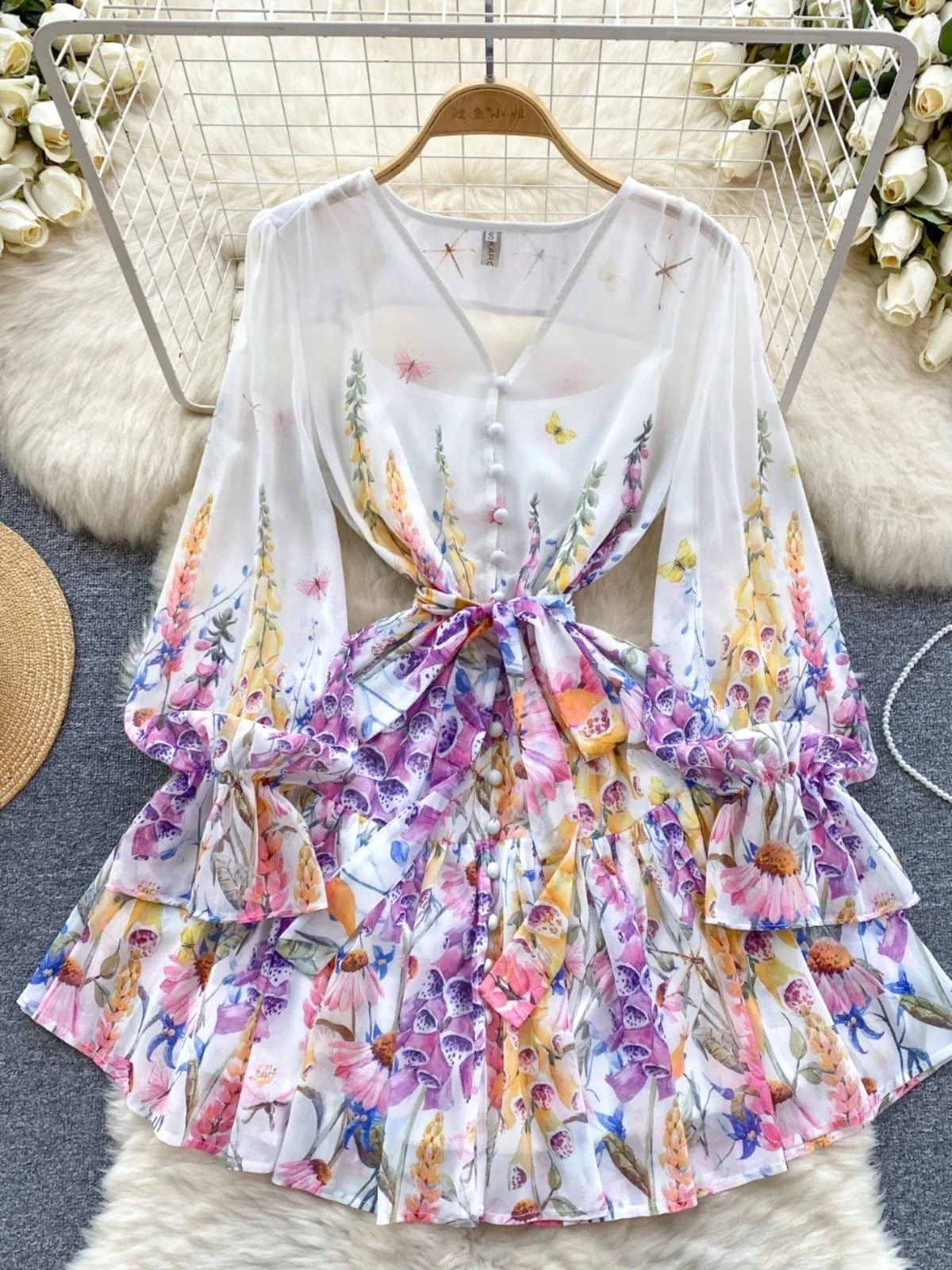 Fashion Summer Print V-neck Ruffled Dress Lantern Sleeve Dress