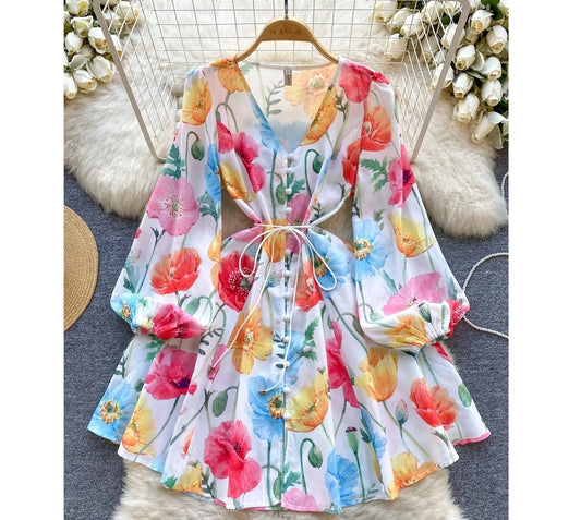 Fashion Summer Print V-neck Ruffled Dress Lantern Sleeve Dress