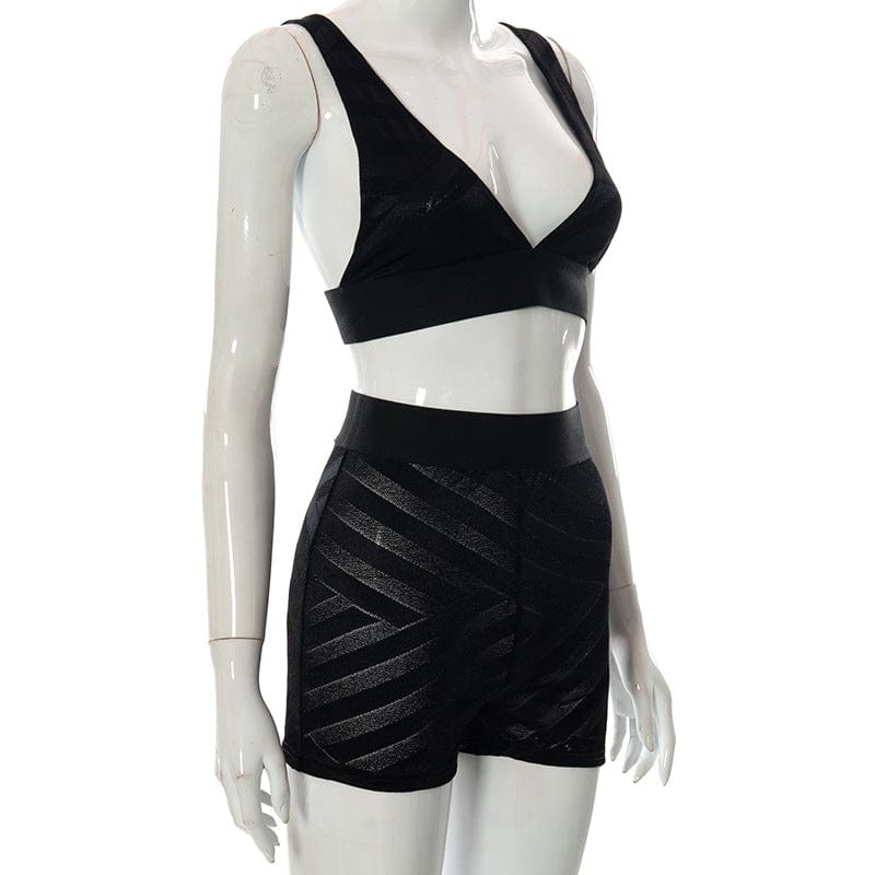 Fashion Summer Sleeveless Deep V Neck Sexy Top Bra High Waist Transparent Stripe Ribbed 2 Piece Short Set Women