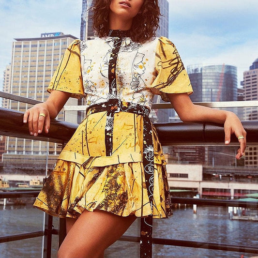 Fashion Summer Vintage New Printing Stand Neck Contrast Color Short Sleeve Women's Casual Dress
