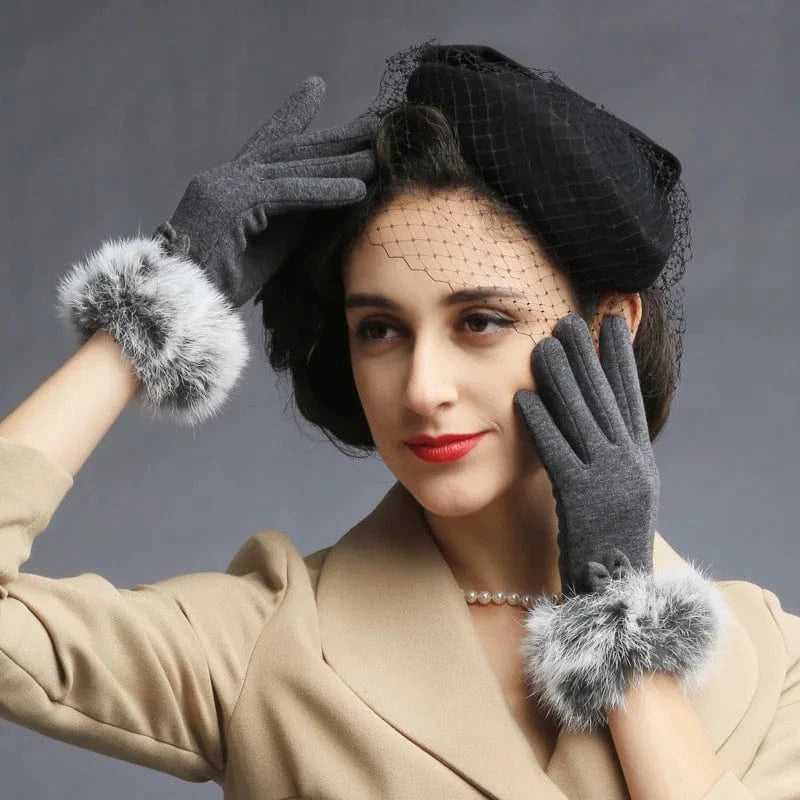 Fashion thermal lovely rabbit fur winter warm touch screen women gloves Luvas