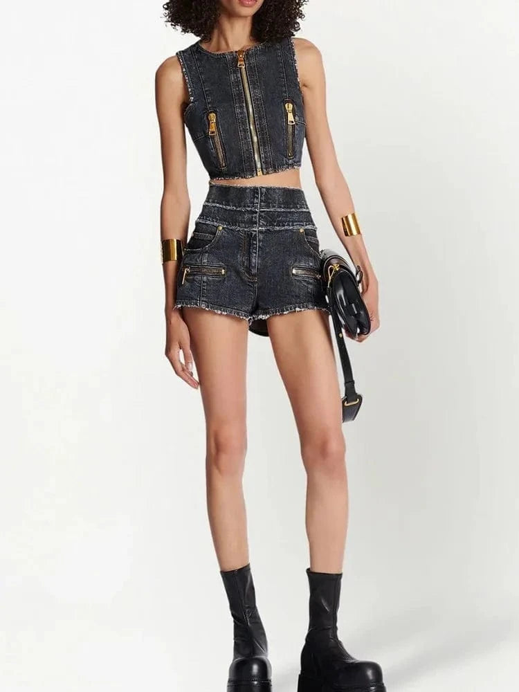 Fashion Top&Skirt Night Clubwear Celebrity Evening  Party Denim Two Piece Sets