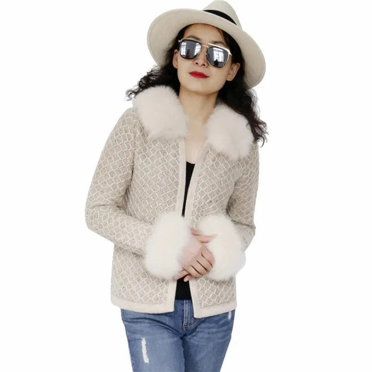 Fashion warm women knit sweater with fox fur collar elegant ladies winter cardigan sweater