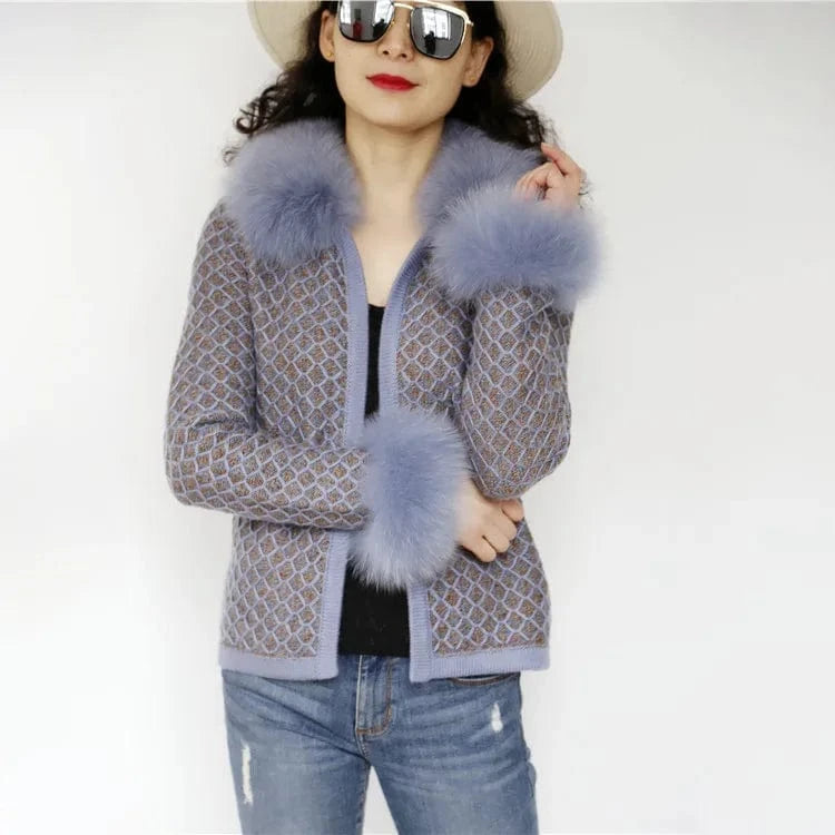 Fashion warm women knit sweater with fox fur collar elegant ladies winter cardigan sweater