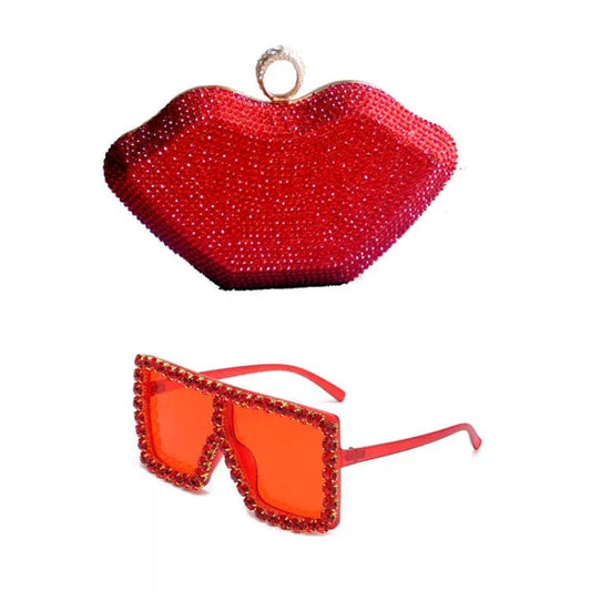 Fashion Woman Hand Bags Wedding Diamond Clutch Woman Evening Bags Bling Lip Shape Rhinestones Purses And Sunglasses Set