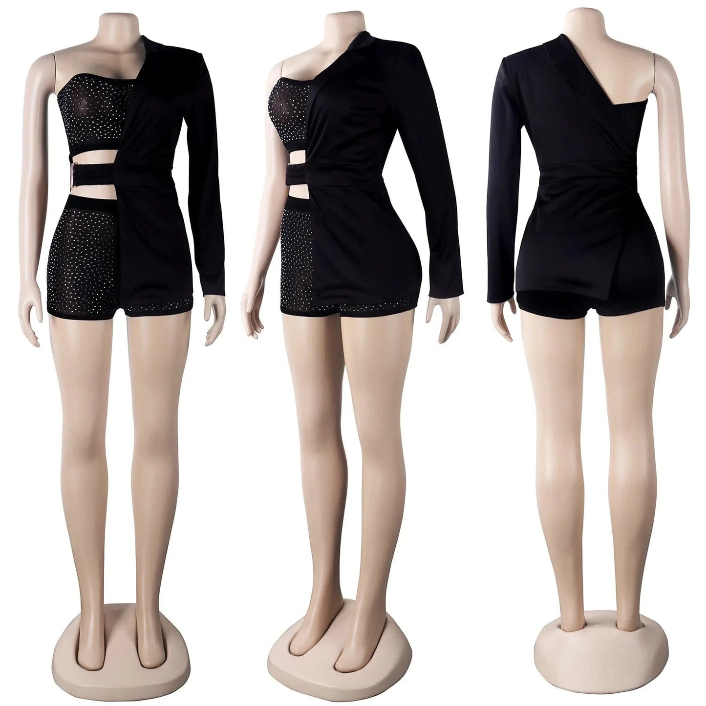 Fashion Women 3 Piece Set Shiny Rhinestone Tube Top + Mesh Shorts + Half Solid Color Jacket Sexy Lady Club Wear