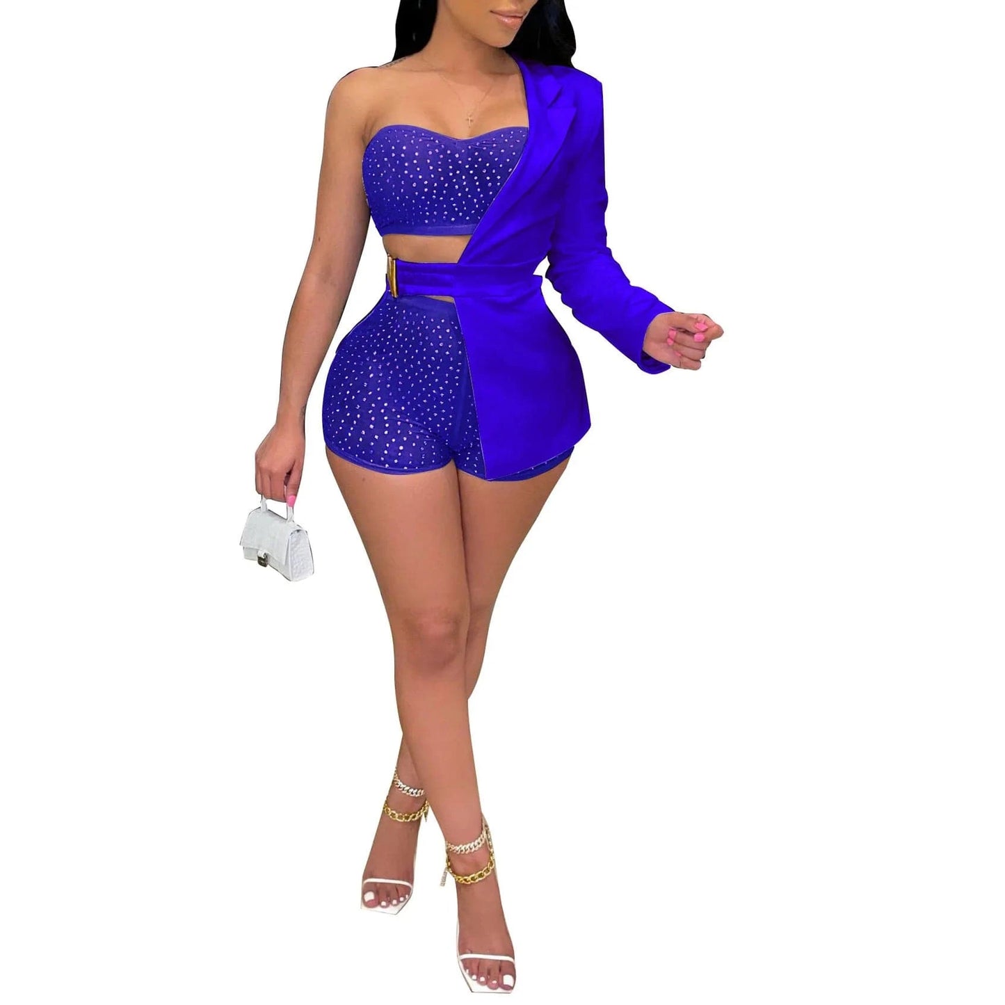 Fashion Women 3 Piece Set Shiny Rhinestone Tube Top + Mesh Shorts + Half Solid Color Jacket Sexy Lady Club Wear