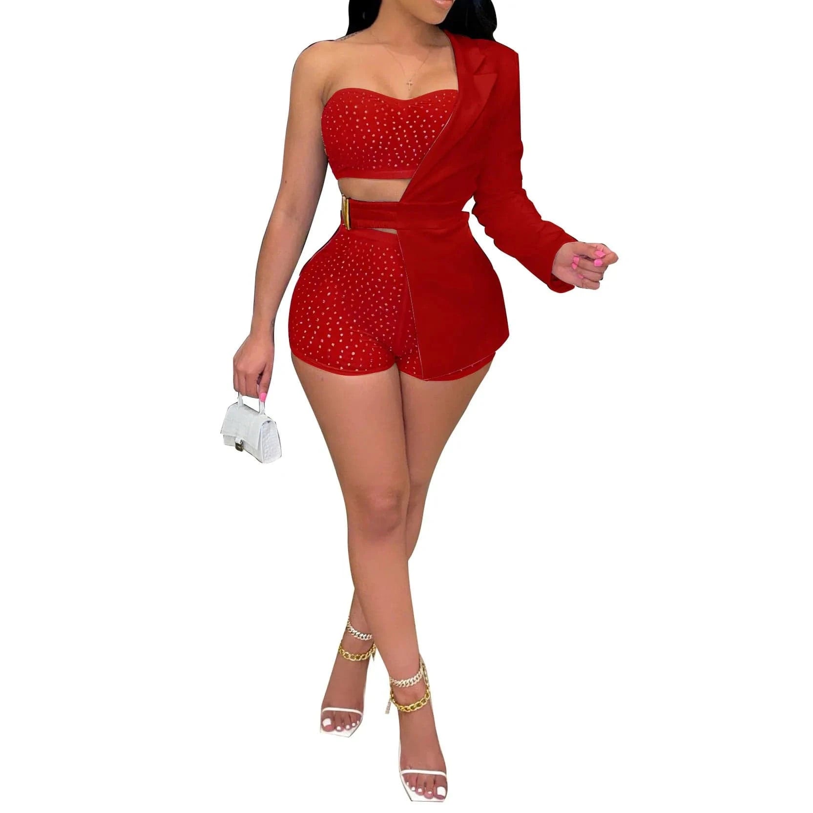 Fashion Women 3 Piece Set Shiny Rhinestone Tube Top + Mesh Shorts + Half Solid Color Jacket Sexy Lady Club Wear