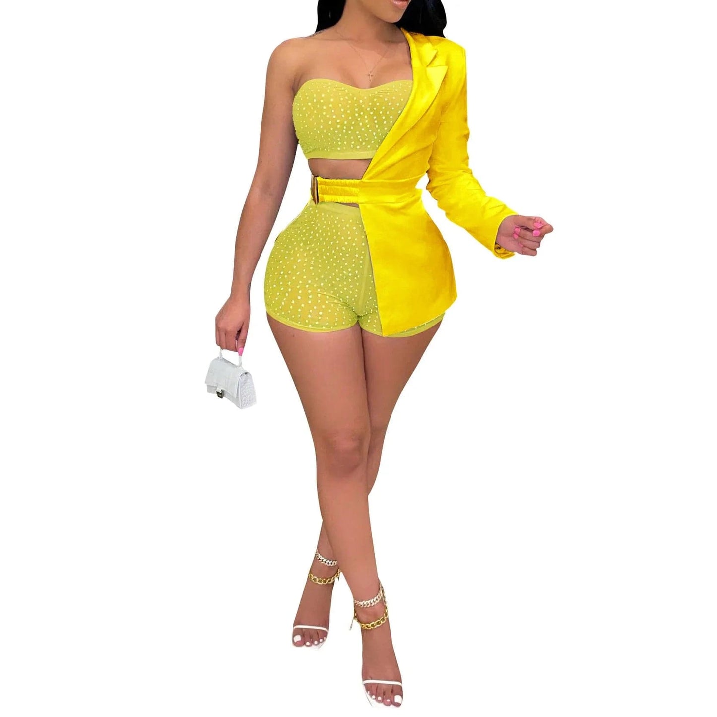 Fashion Women 3 Piece Set Shiny Rhinestone Tube Top + Mesh Shorts + Half Solid Color Jacket Sexy Lady Club Wear